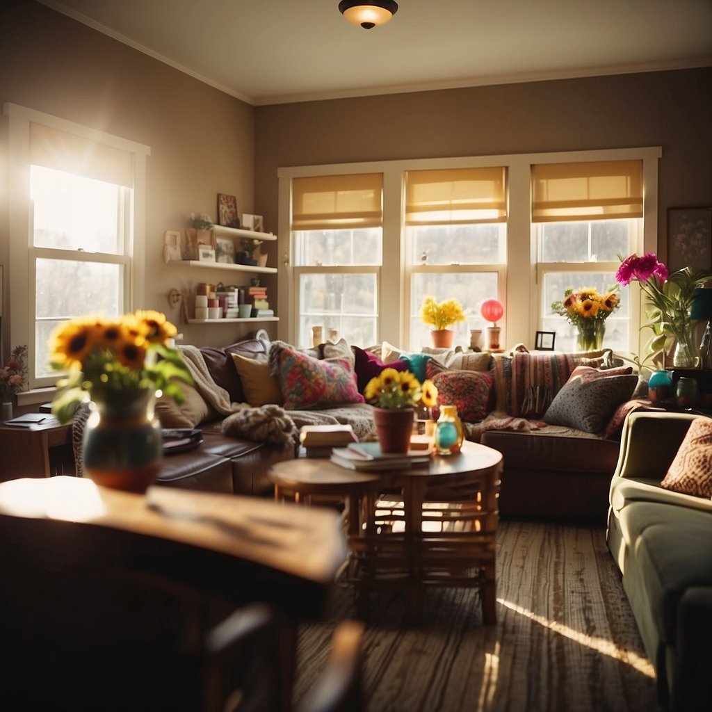 A cozy living room with a table filled with colorful crafting supplies. Sunlight streams in through the window, illuminating the room. A group of seniors are gathered around, chatting and working on their various craft projects