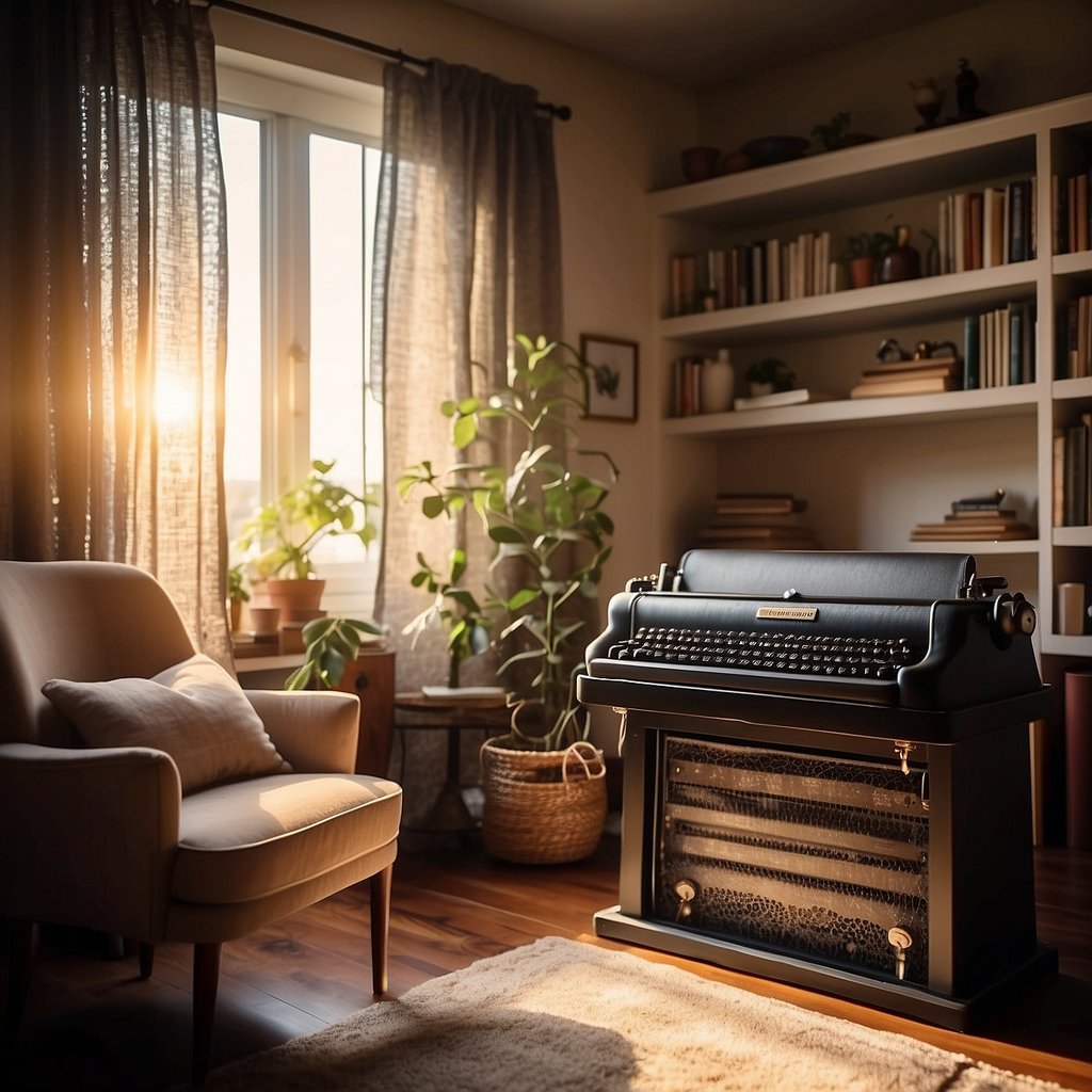 A cozy living room with a desk, bookshelves, and a vintage typewriter. Sunlight streams through lace curtains, casting a warm glow on the room