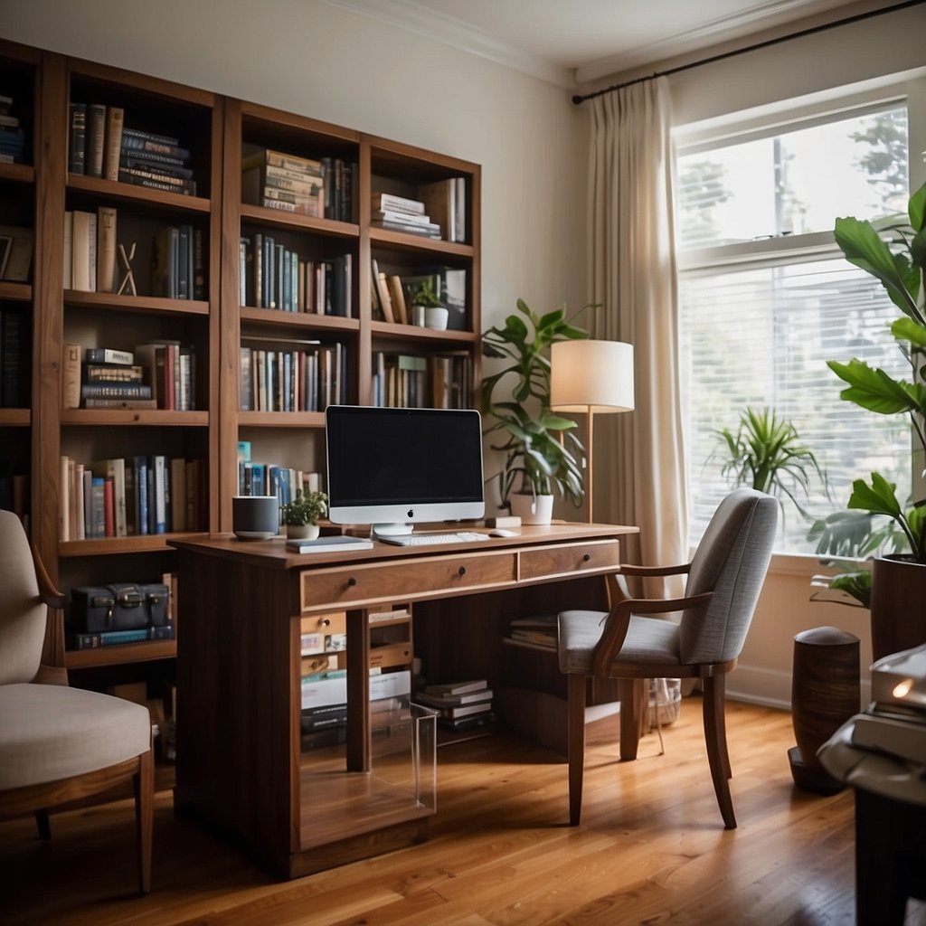A cozy living room with a desk, bookshelves, and a laptop. A senior entrepreneur is brainstorming business ideas and evaluating their skills and interests