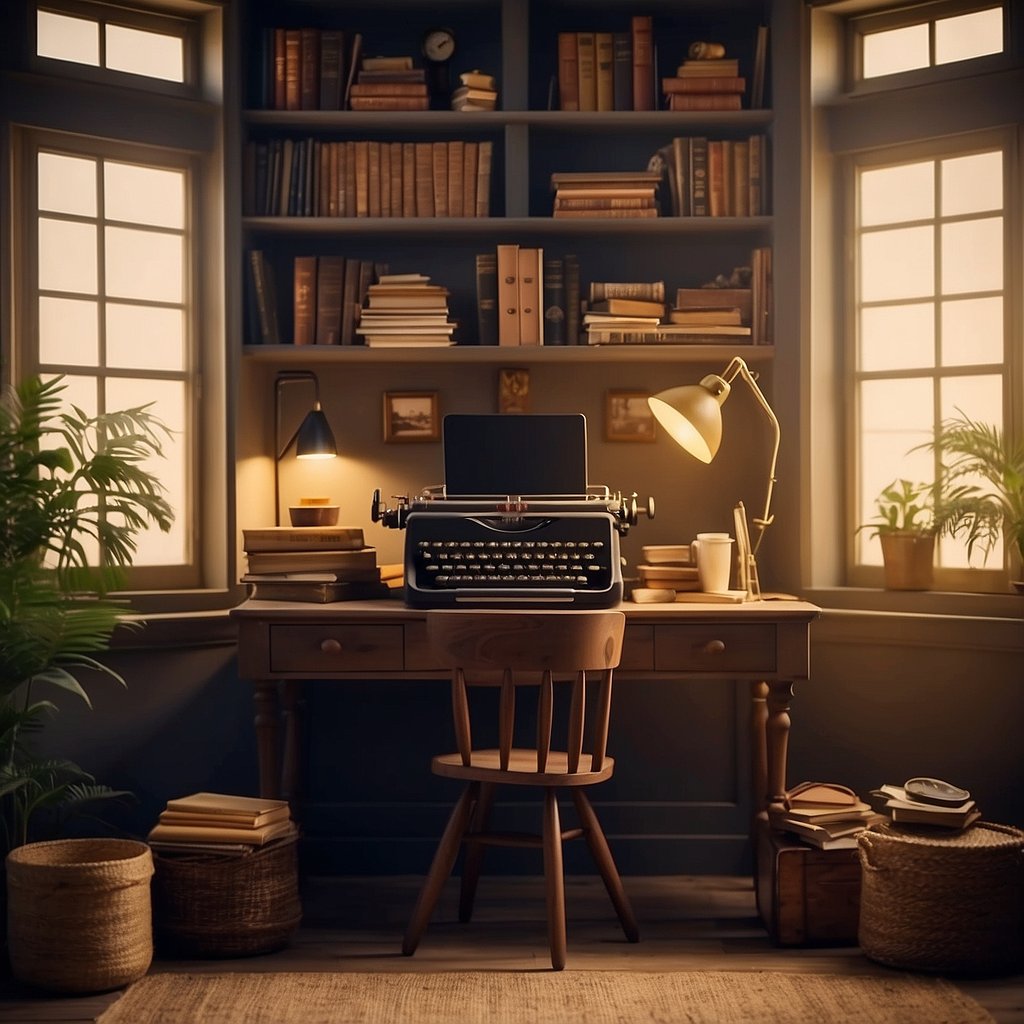 A cozy home office with vintage decor, a desk cluttered with papers and a typewriter, shelves filled with old books, and a warm, inviting atmosphere