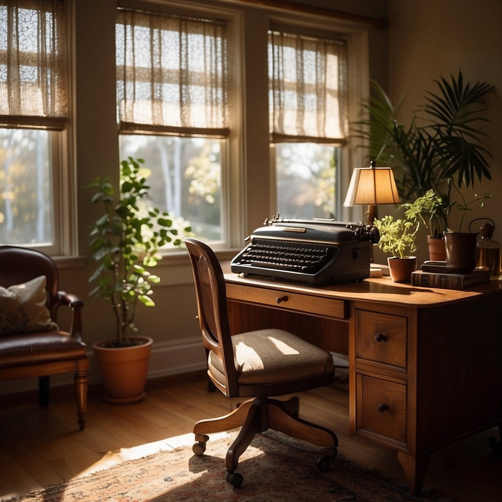 A cozy home office with vintage decor, a typewriter, and antique furniture. Sunlight streams in through lace curtains, casting a warm glow over the room