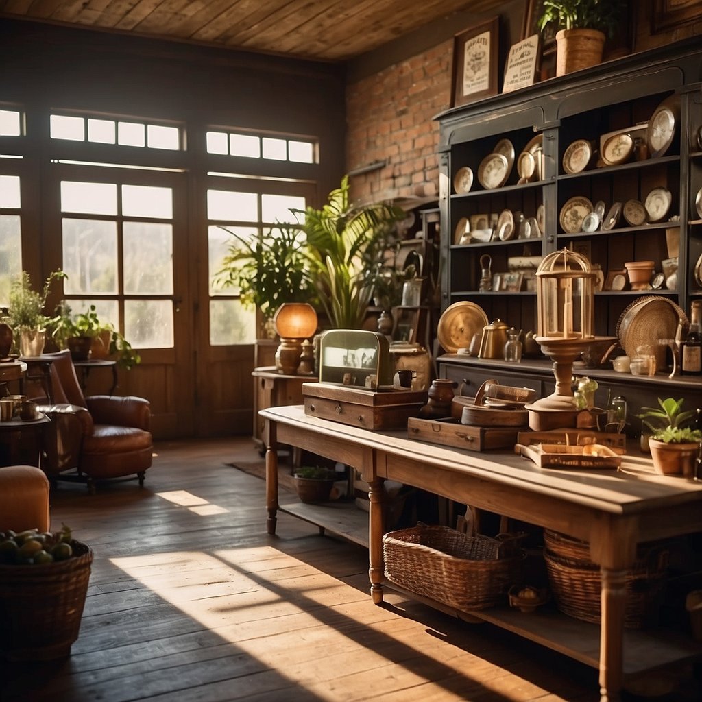 A cozy vintage shop with rustic decor and antique furniture. A sign reads "Vintage Ventures: Timeless Home Business Ideas for Seniors." Sunlight streams through the windows, casting a warm glow on the merchandise
