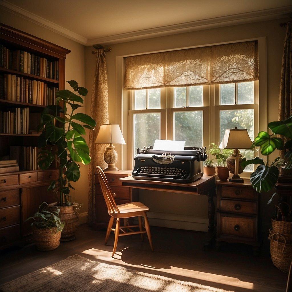 A cozy home office with a vintage desk, typewriter, and antique decor. Sunlight streams in through lace curtains, casting a warm glow on the space