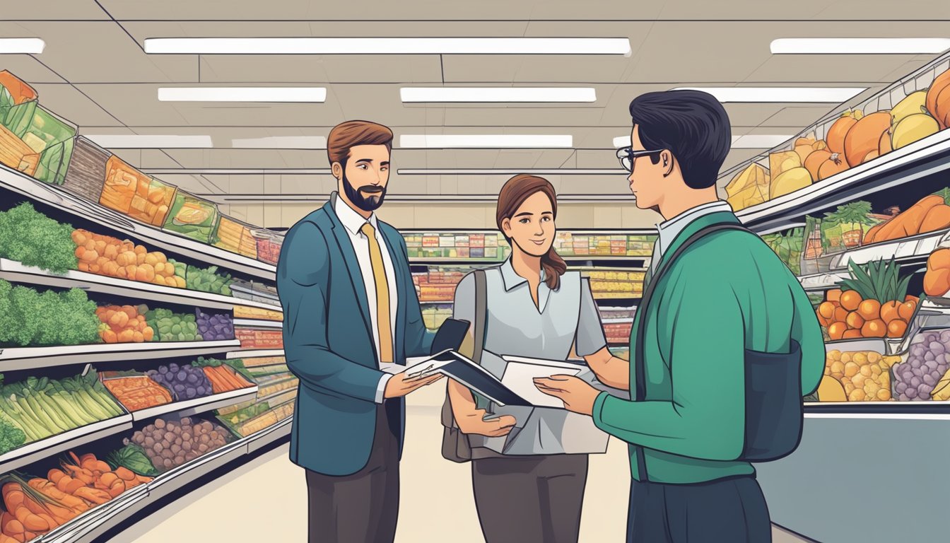 A job candidate answering customer service questions in a supermarket aisle during a job interview