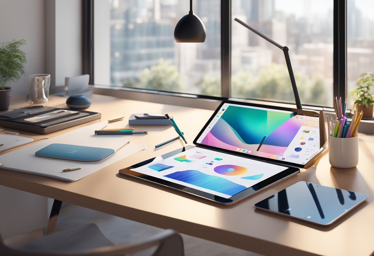 The Apple Pencil lies on a sleek, modern desk surrounded by high-tech gadgets and design tools. The room is filled with natural light, highlighting the precision and craftsmanship of the pencil