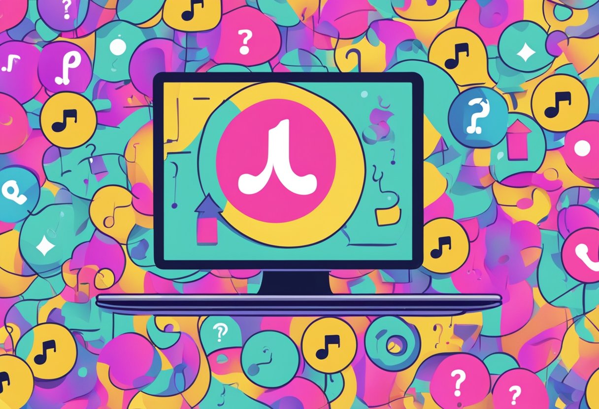 A computer screen with a TikTok video not getting many views, surrounded by question marks and algorithm symbols