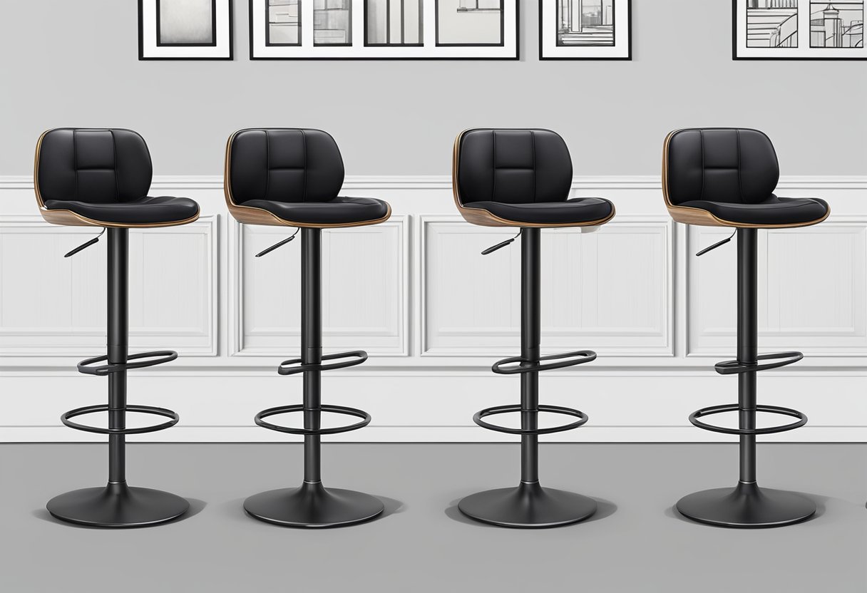 Four black bar stools with backs are arranged neatly around a sleek, modern bar. The stools are from Amazon and appear to be in perfect condition