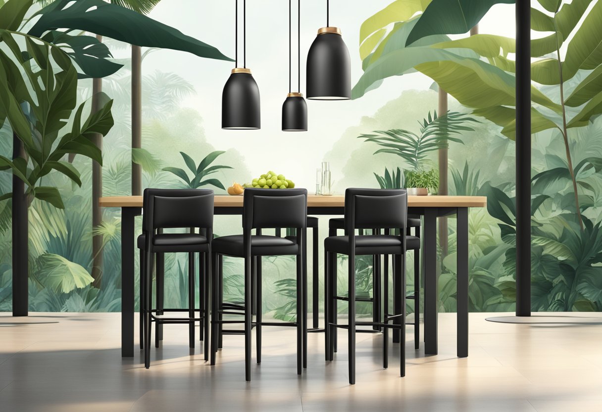 Four sleek black bar stools with backs arranged around a high table, set against a lush jungle backdrop