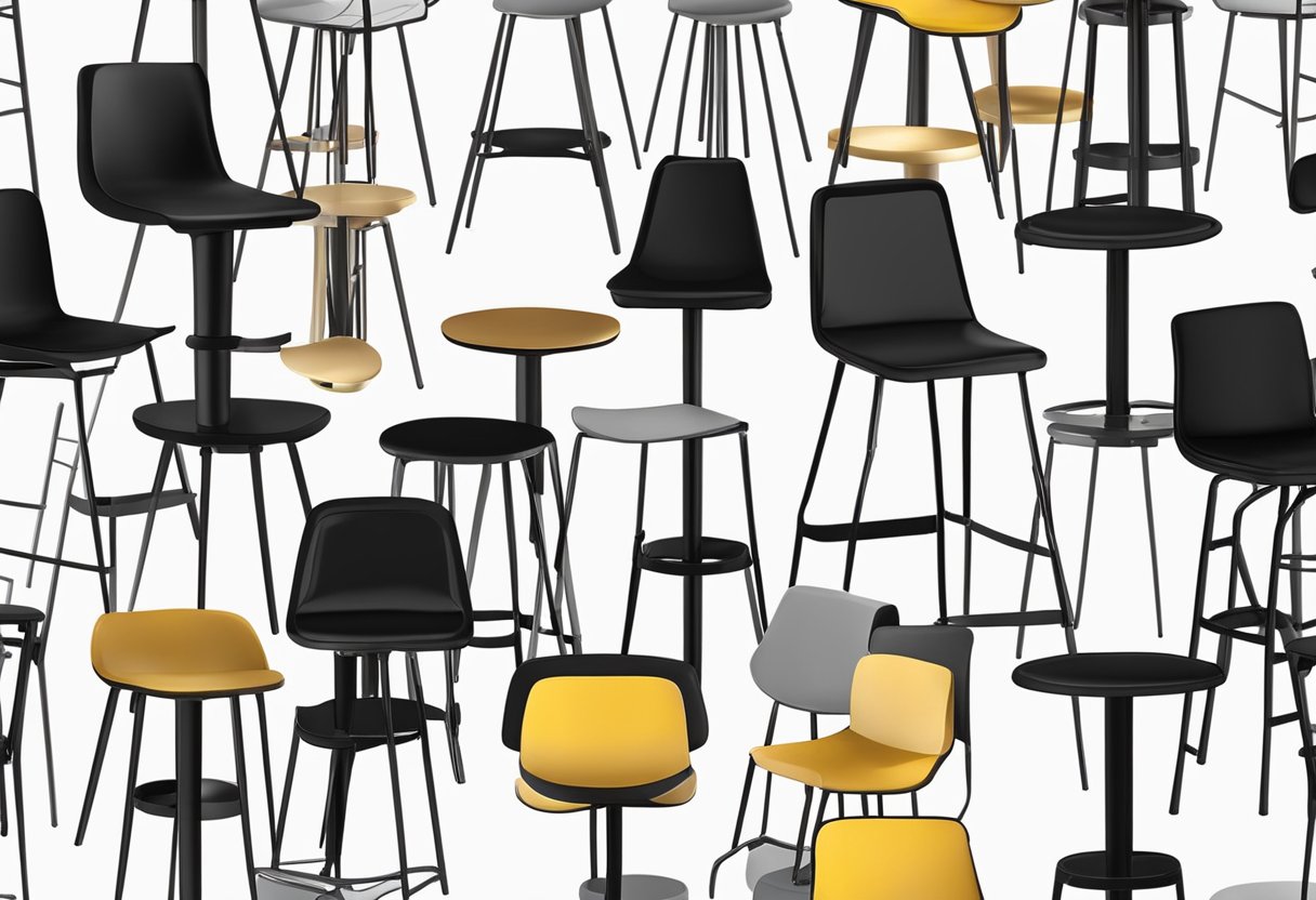 Multiple types of bar stools with backs are arranged in a row, including black ones from Amazon