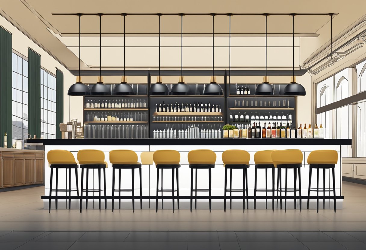 A row of sleek black bar stools with backs, arranged neatly in front of a stylish bar counter. The stools are positioned in a customer-friendly layout, inviting guests to sit and enjoy their favorite drinks
