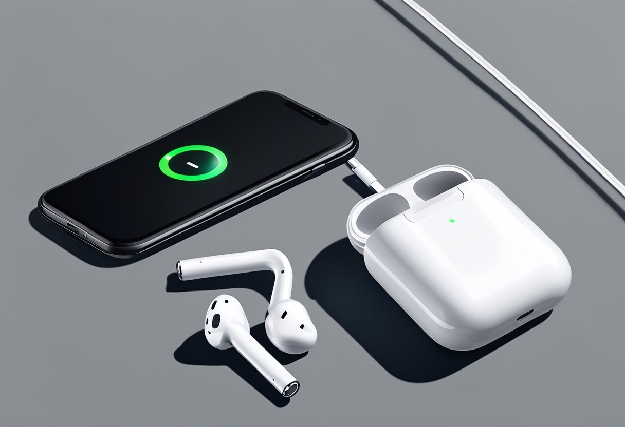 An AirPod lies disconnected beside a charging case. The case's LED indicator shows no light, indicating a lack of charge