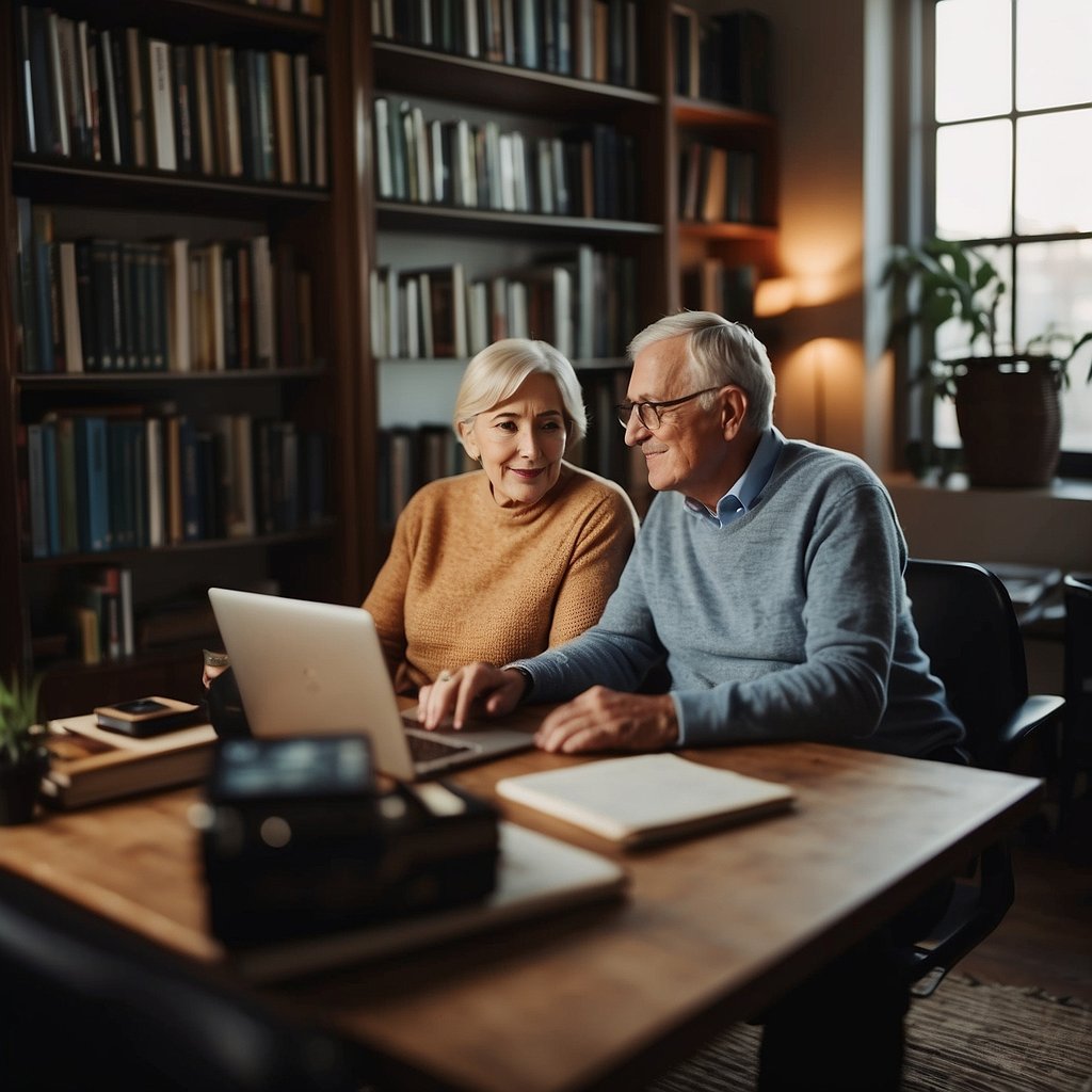 An elderly couple sits at a cozy home office, surrounded by books and a laptop. They are deep in conversation, brainstorming new business ideas