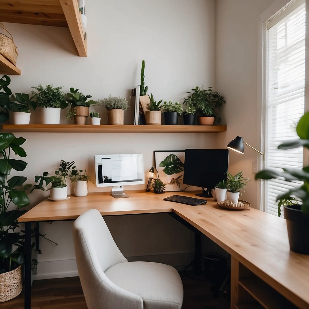 A cozy home office with a desk, computer, and inspirational decor. Soft lighting and plants create a peaceful atmosphere for creative work