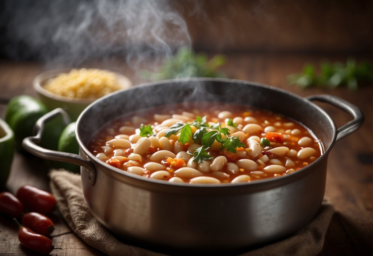 A pot of simmering cannellini bean chili with steam rising
