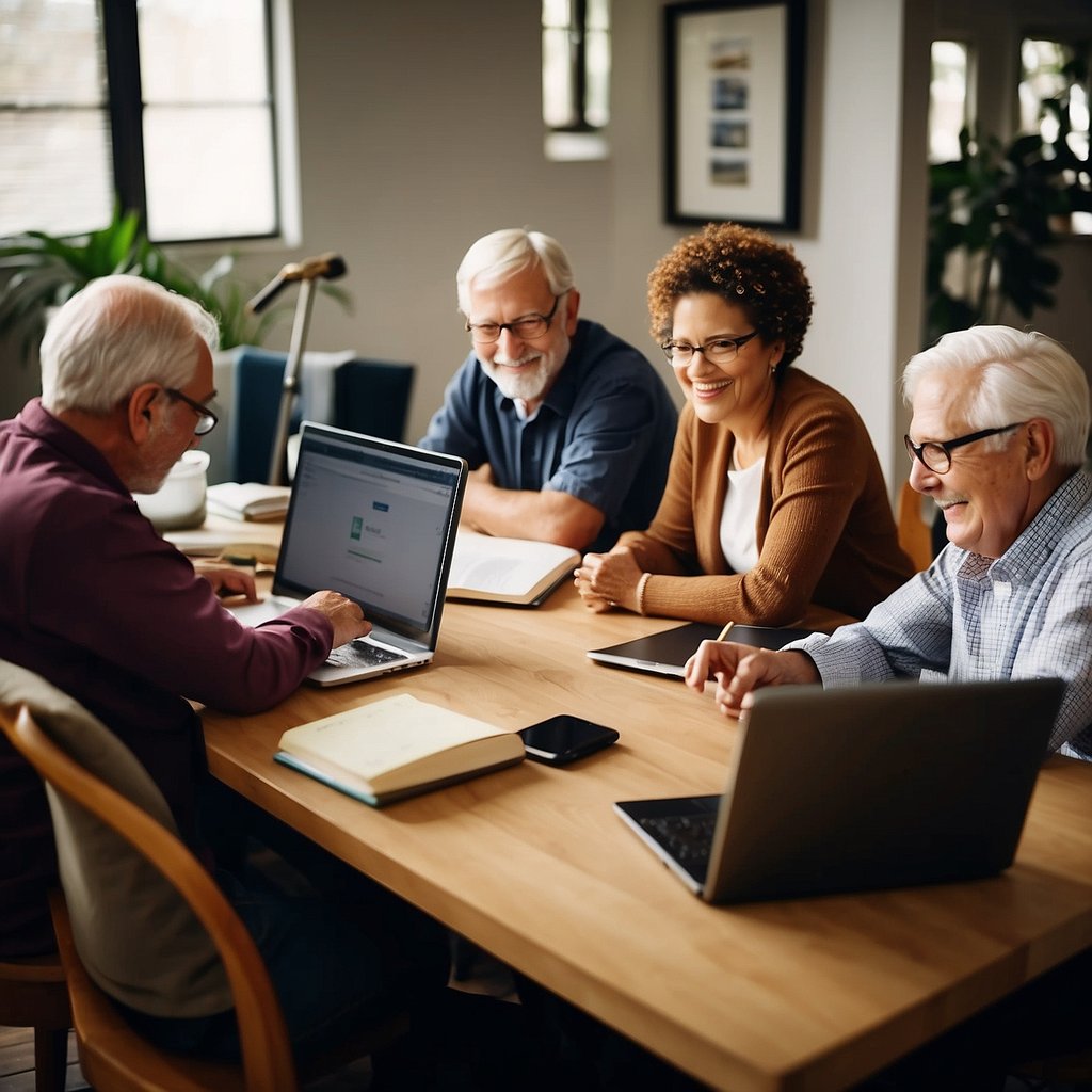 A group of seniors gather around a table filled with laptops, books, and notepads. They are engaged in lively discussions, brainstorming ideas for home businesses. The room is filled with excitement and enthusiasm