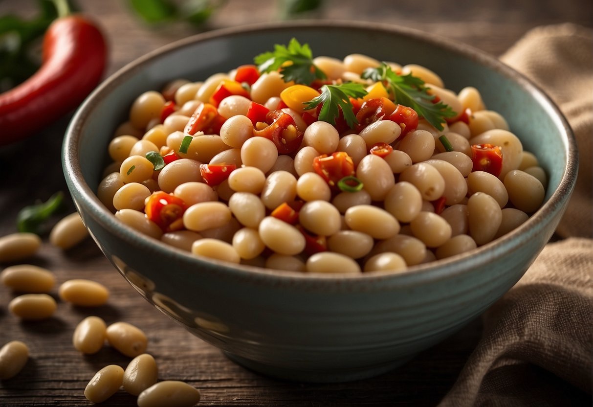 A bowl of cannellini beans and chili, with a focus on the nutritional information label