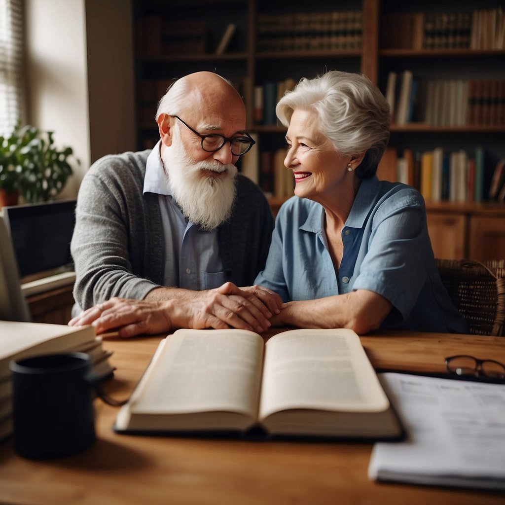 An elderly couple sits at a cozy home office, surrounded by books and charts. They are discussing financial planning and management strategies, with a sense of wisdom and enlightenment in their demeanor