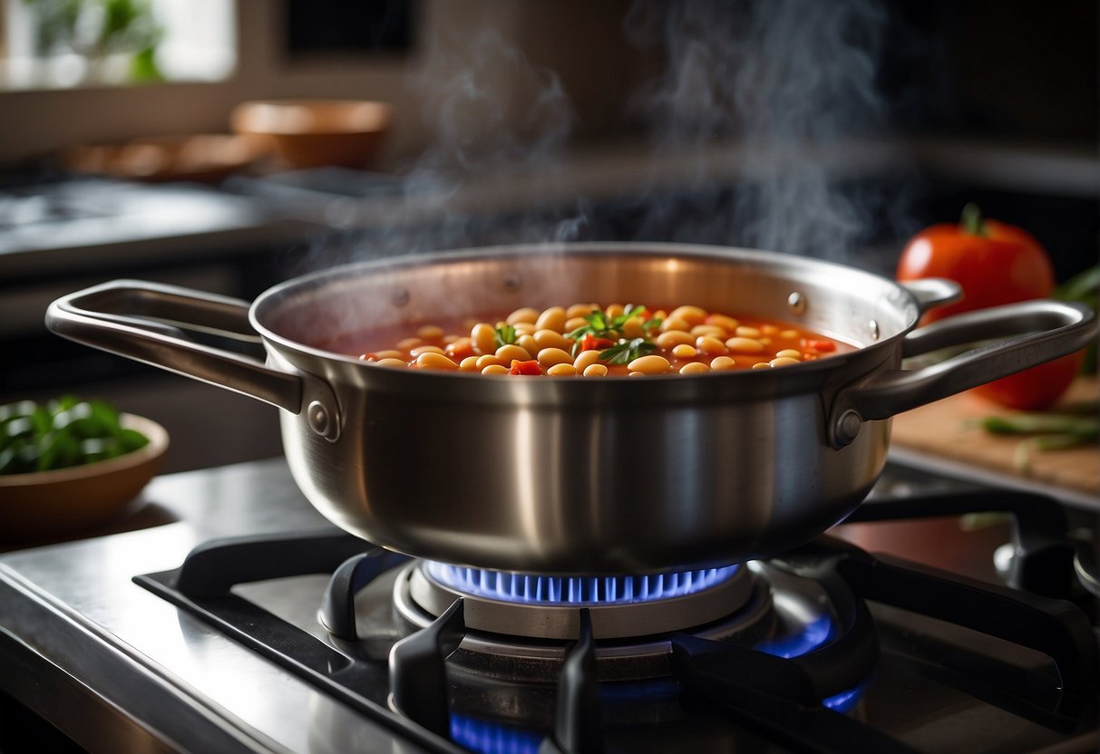 A pot simmers on the stove, filled with cannellini beans, tomatoes, and spices. Steam rises as the ingredients meld together, creating a rich and fragrant chili