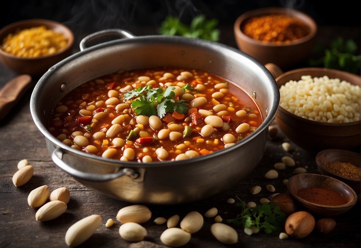 A pot of simmering cannellini bean chili with various spices and ingredients being added for customization