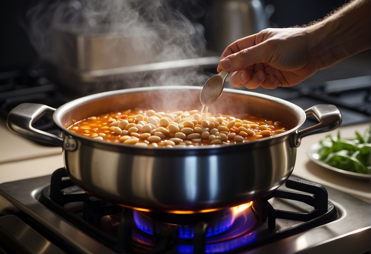 A pot of cannellini beans chili is being reheated on a stovetop. Steam rises from the pot as the chili simmers, and the aroma fills the kitchen