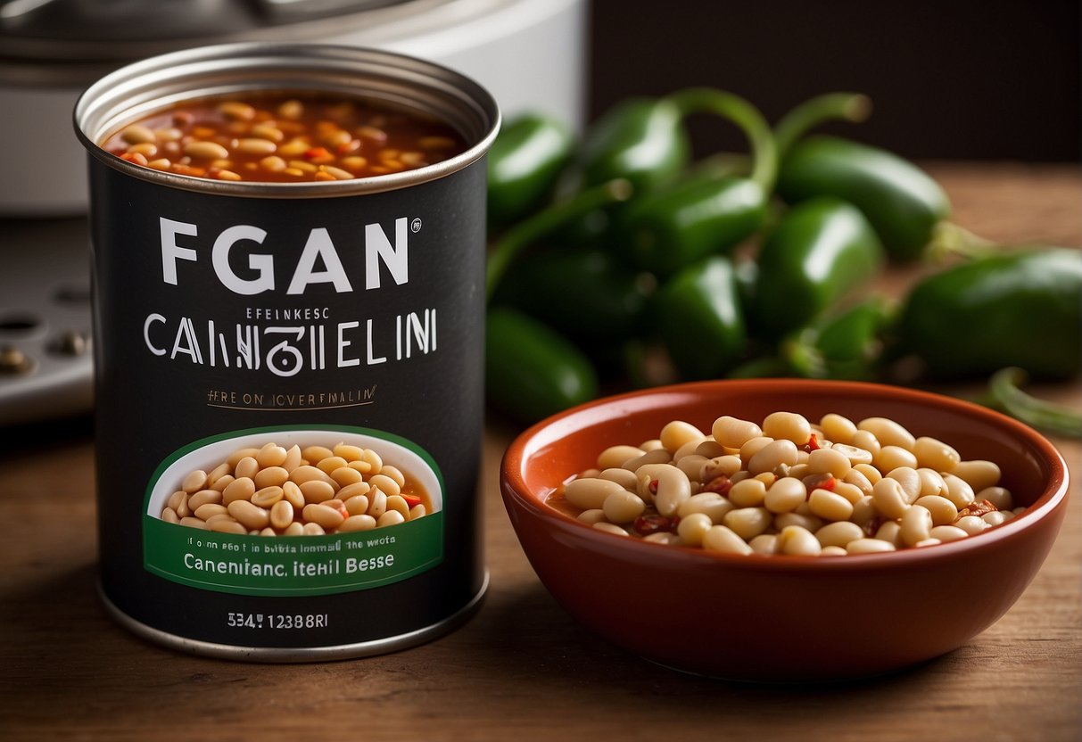 A can of cannellini beans sits next to a steaming pot of chili, with a stack of FAQ cards nearby