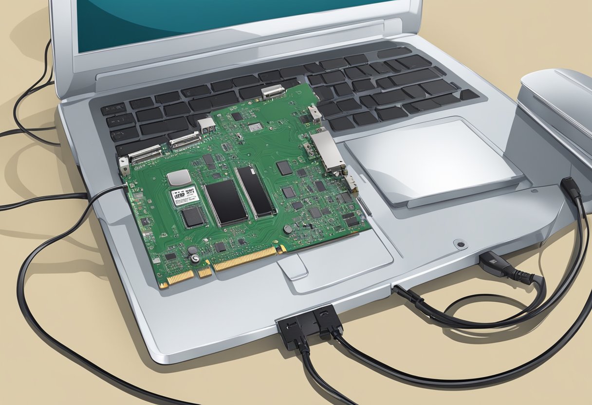 A laptop hard drive connected to a desktop motherboard, with both devices labeled "compatible" in bold letters