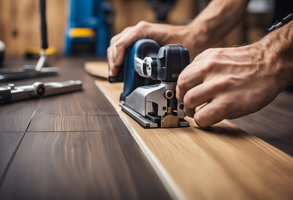 A close-up view of a laminate flooring edge being finished with precision tools and techniques