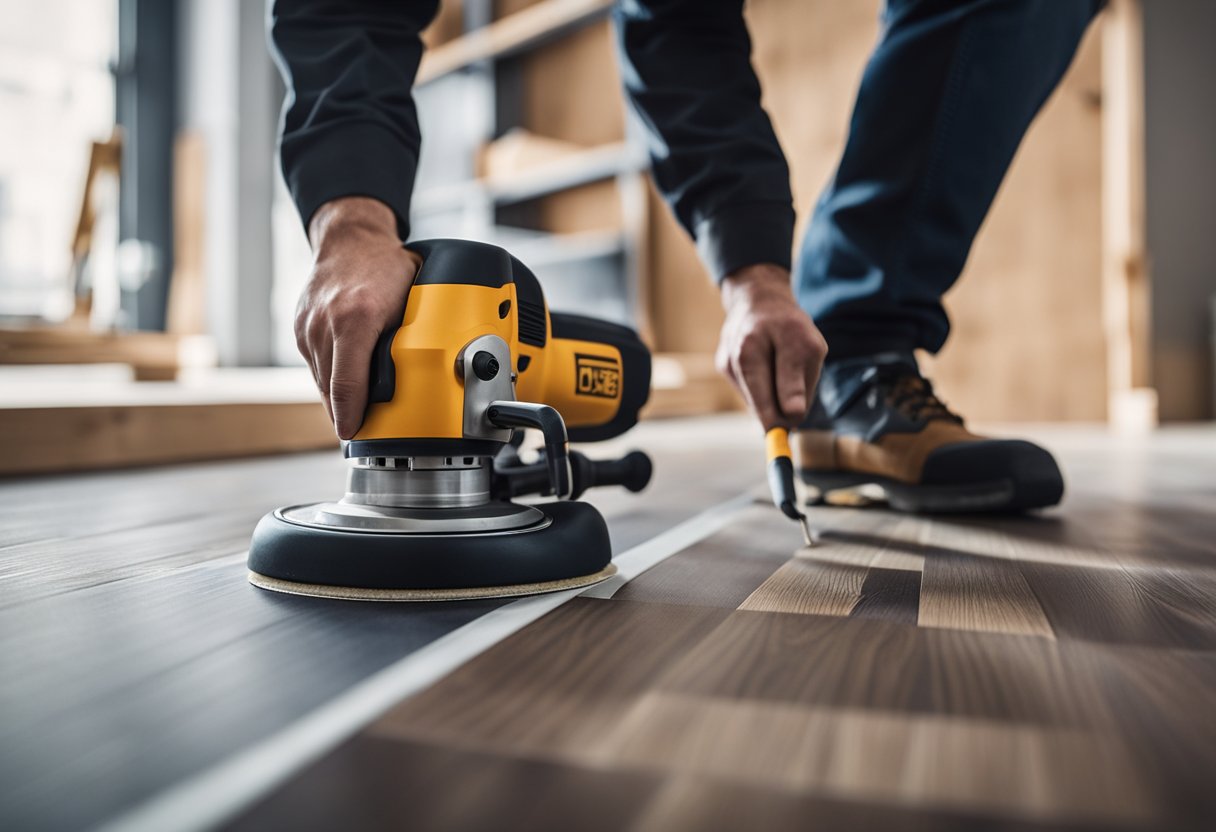 A worker applies edge finishing techniques to laminate flooring. Tools and materials are laid out, including trim pieces and adhesive