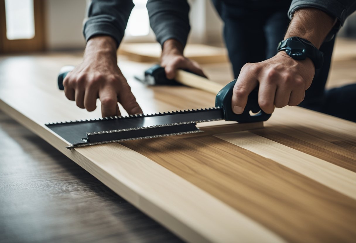 A person is using a saw to cut laminate flooring while another person is applying edge finishing techniques