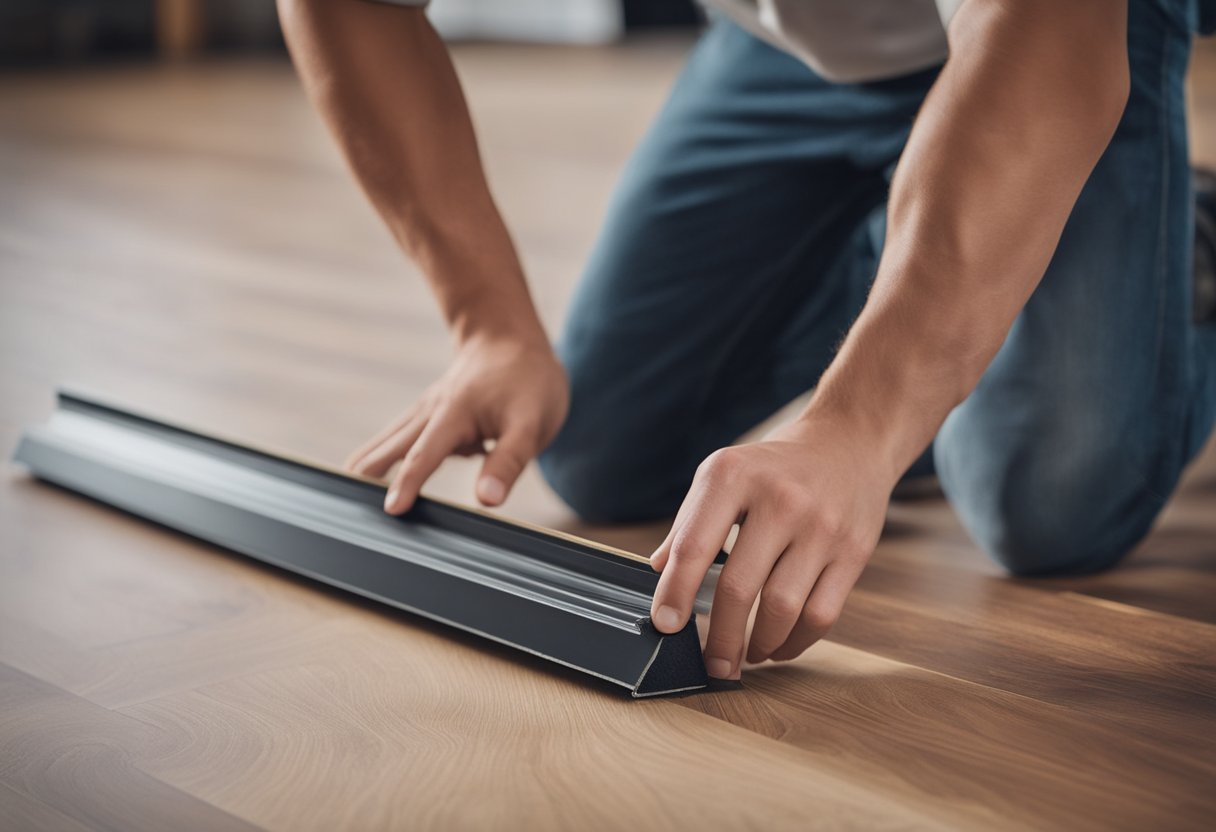 A person installs edge trims on laminate flooring using finishing techniques