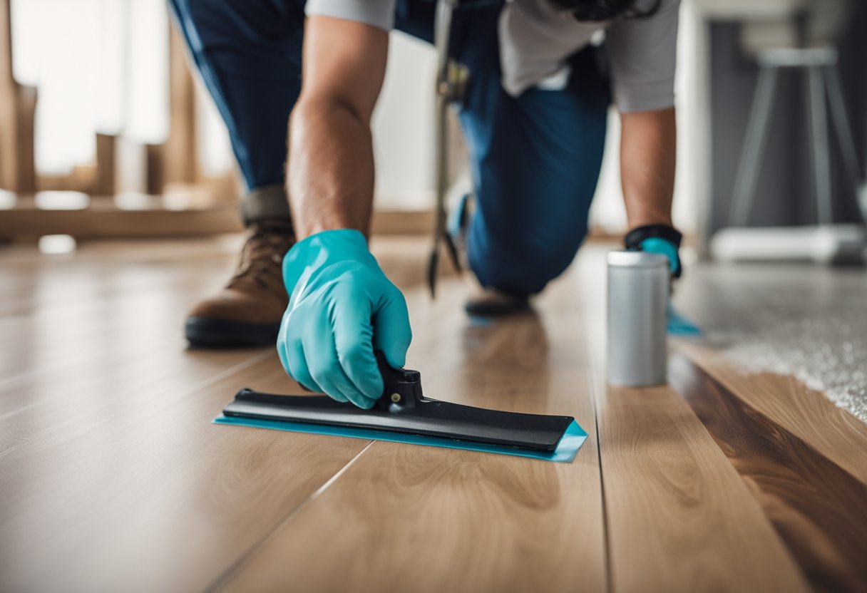 A worker applies sealants to laminate flooring edges for protection and finishing