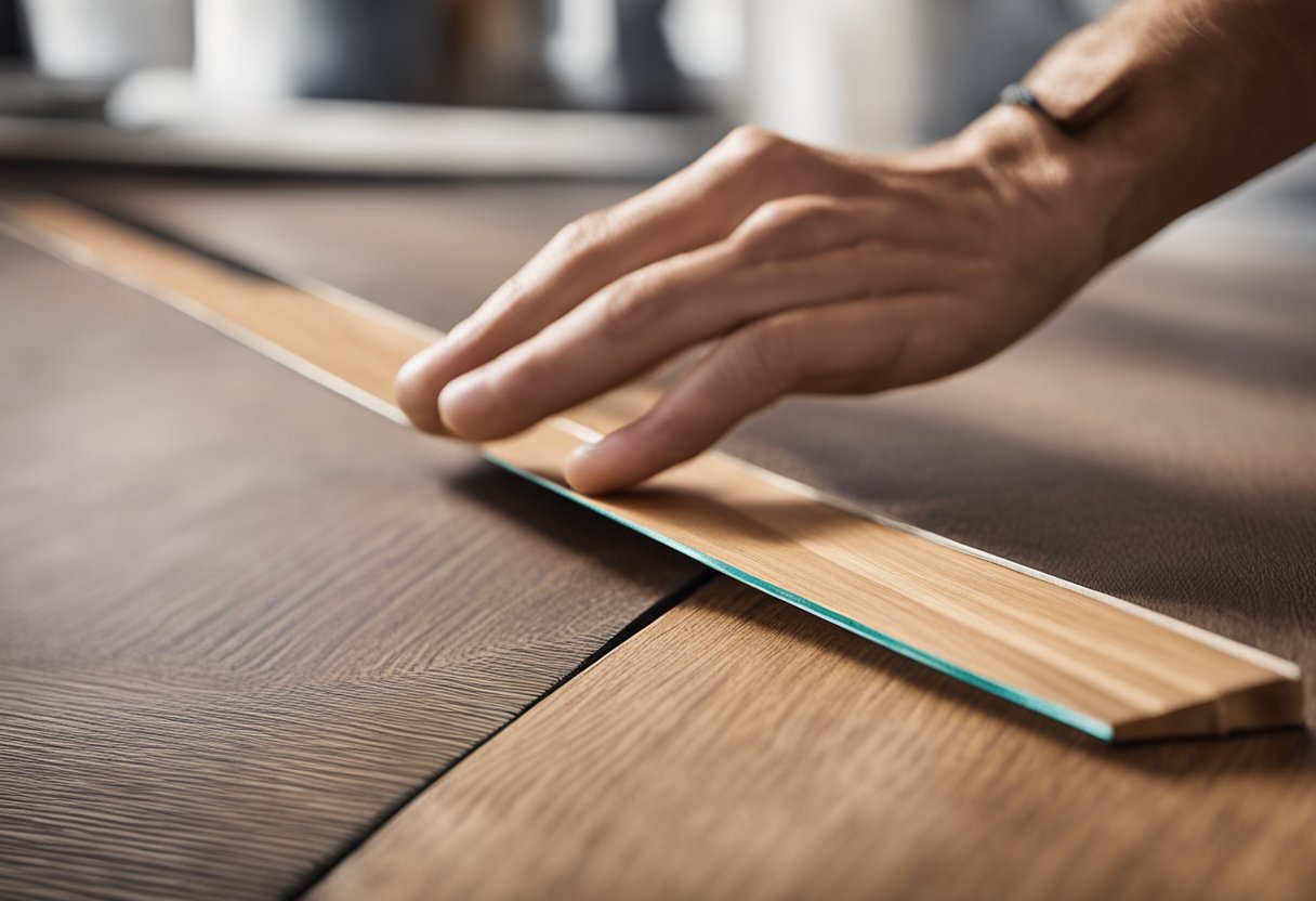 A hand placing transition strips between laminate flooring, demonstrating edge finishing technique