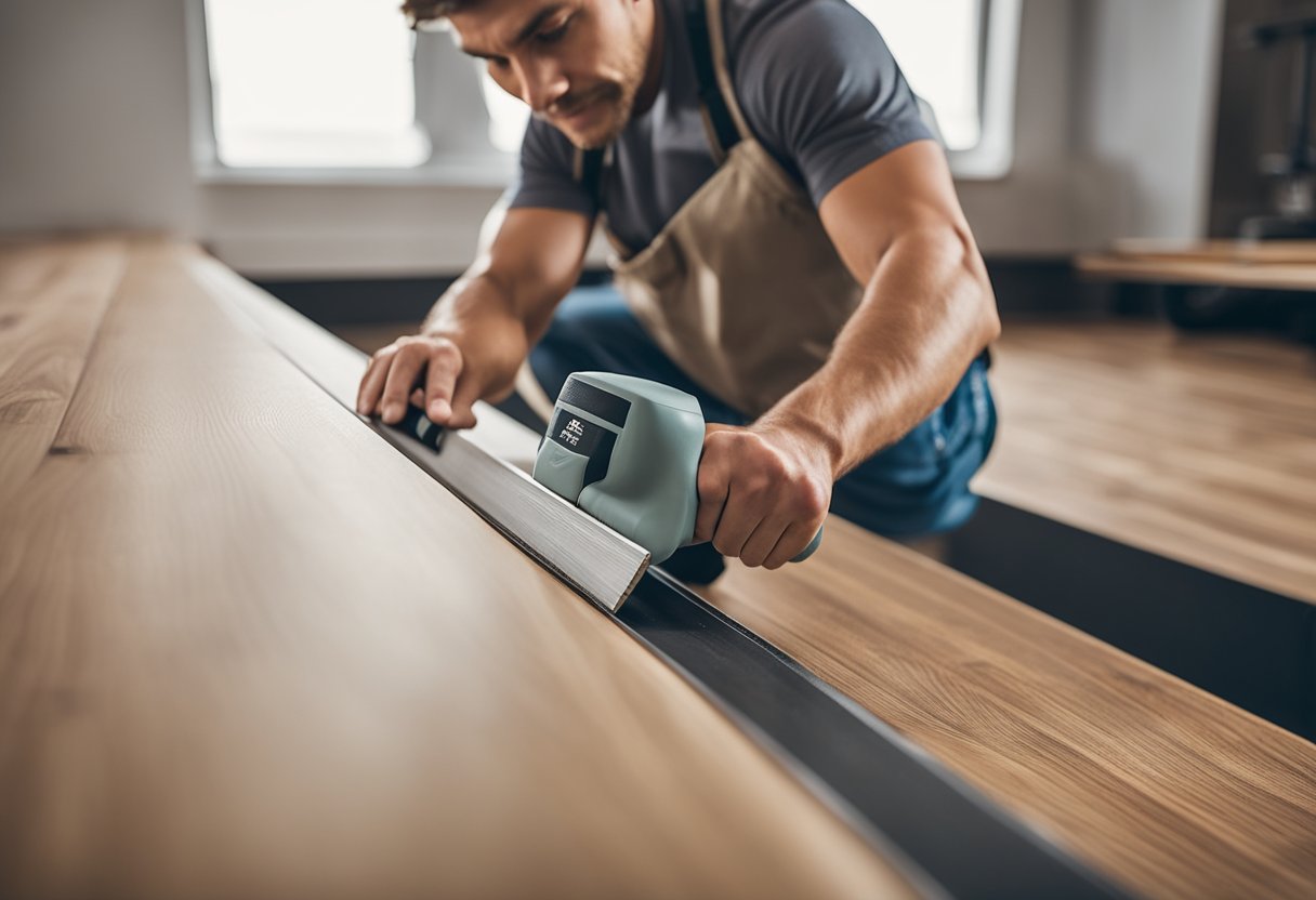 A worker installs T-molding along the edge of laminate flooring, using a mallet to secure it in place