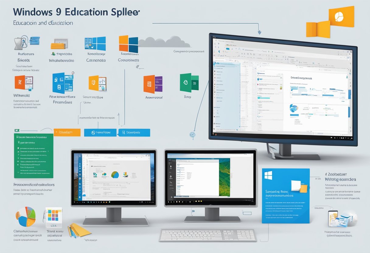 A split-screen showing the key features of Windows 10 Education and Pro, with clear labels and icons for easy comparison