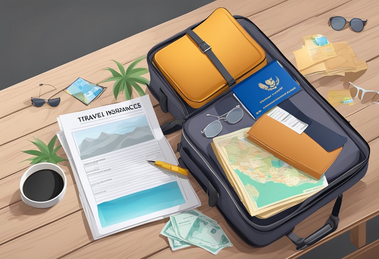 A suitcase with a travel insurance document sits on a foreign country's table