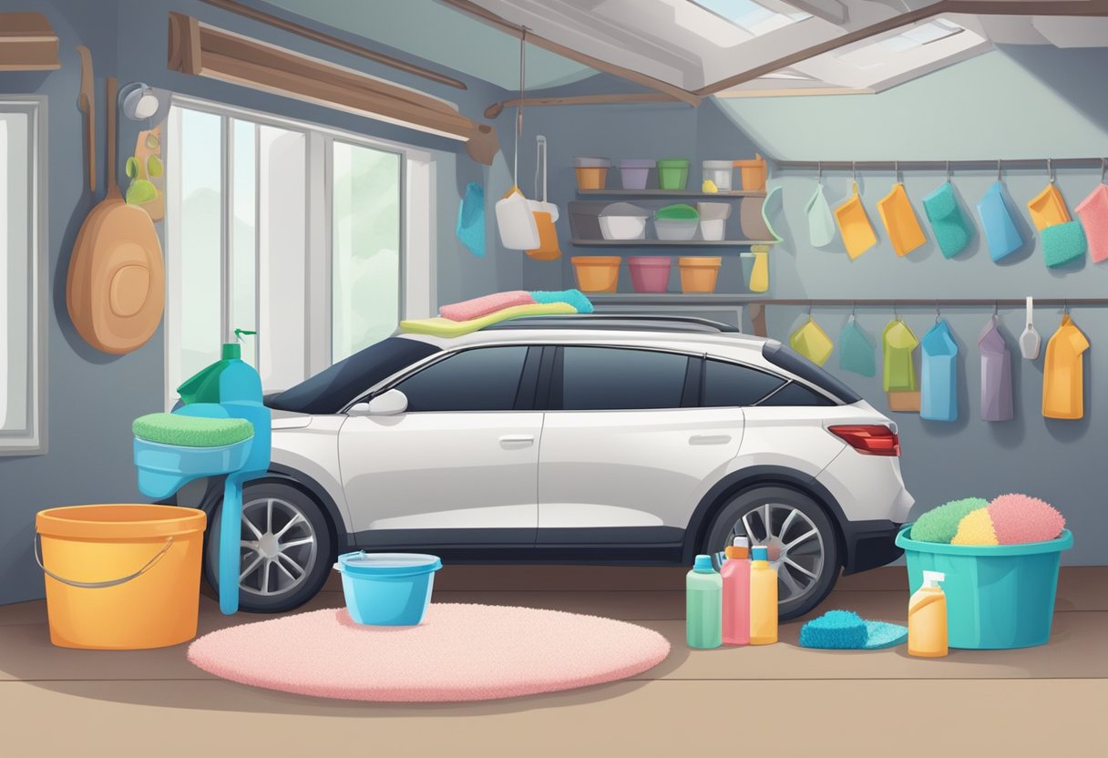 A car sits under a shaded area, surrounded by buckets, sponges, and gentle cleaning products. A soft cloth lays nearby for drying