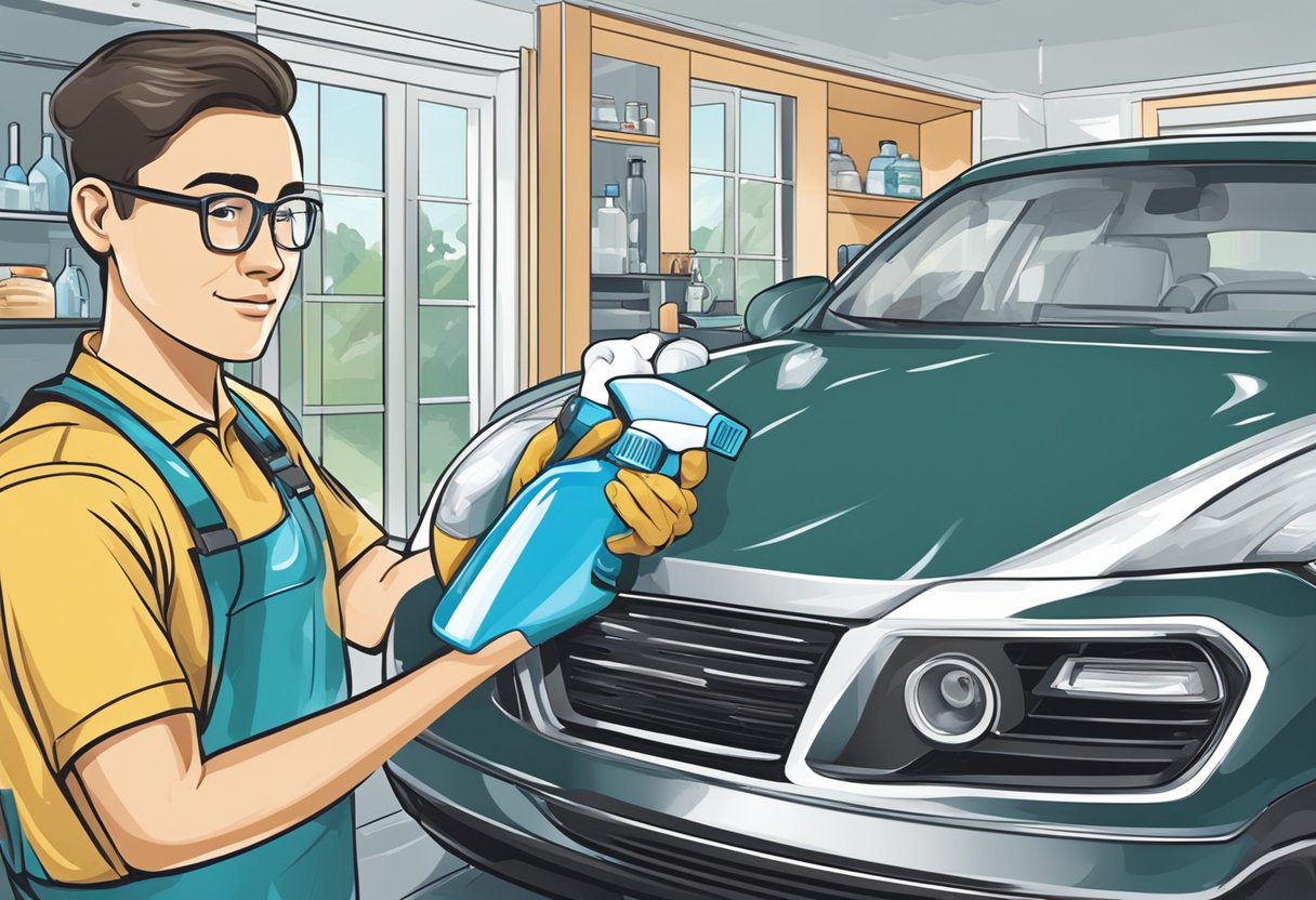 A person carefully selects car cleaning products, ensuring they protect the paint and finish while washing