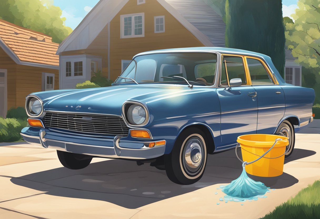 A car parked in a driveway, with a hose and bucket nearby. The sun is shining, and the car's paint is gleaming. The owner is carefully washing the car with a soft sponge and soapy water