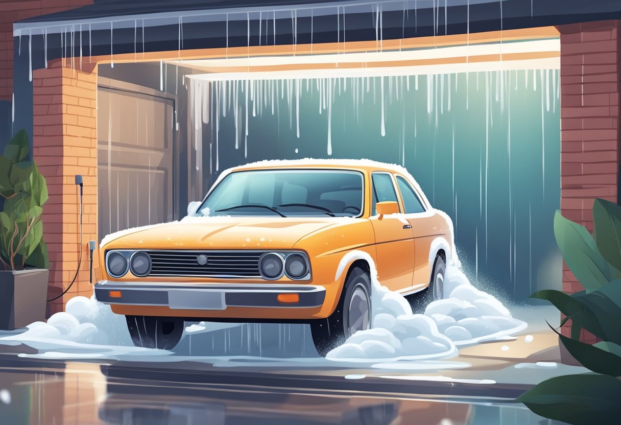 A car being washed with warm water and soap in a garage to prevent freezing in cold weather