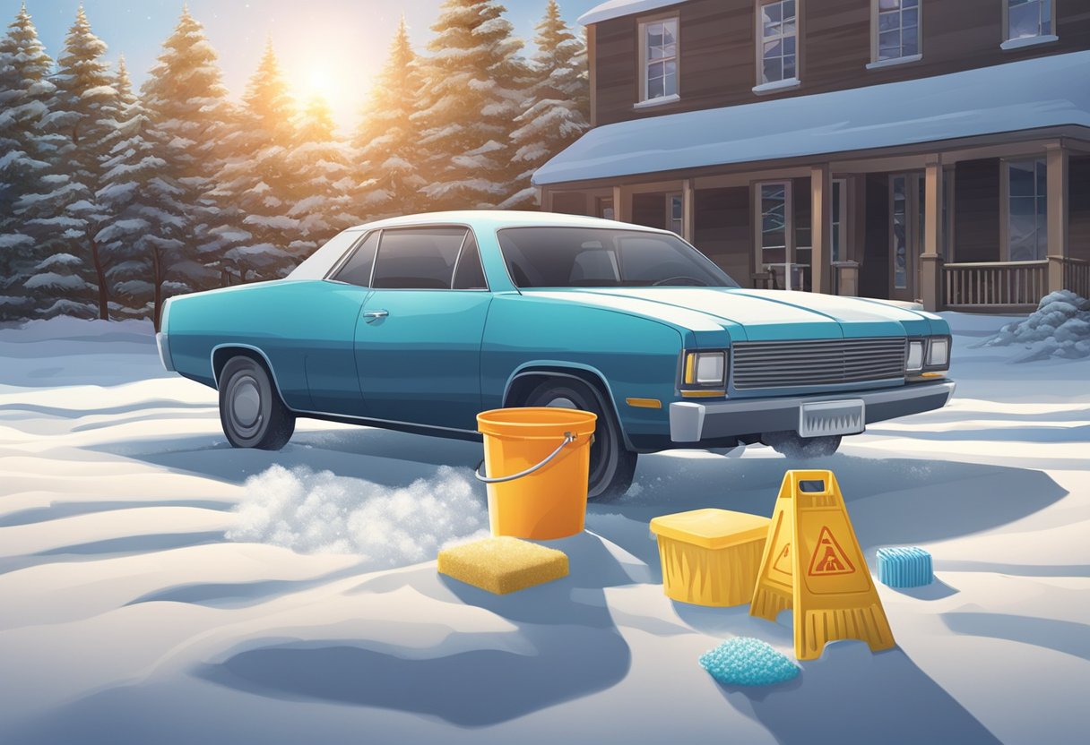 A car parked in a shaded area with a bucket, sponge, and car cleaning products nearby. The sun is shining in a hot weather scenario, or snow is visible in a cold weather scenario