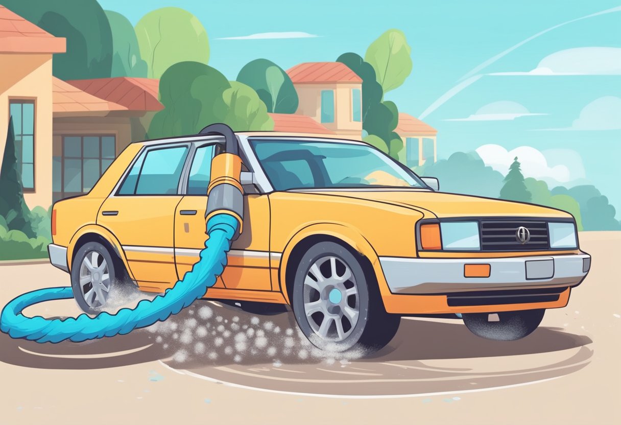 A person sprays wheel cleaner on the car's wheels and tires, then uses a brush to scrub off dirt and brake dust. Finally, they rinse the wheels thoroughly with a hose