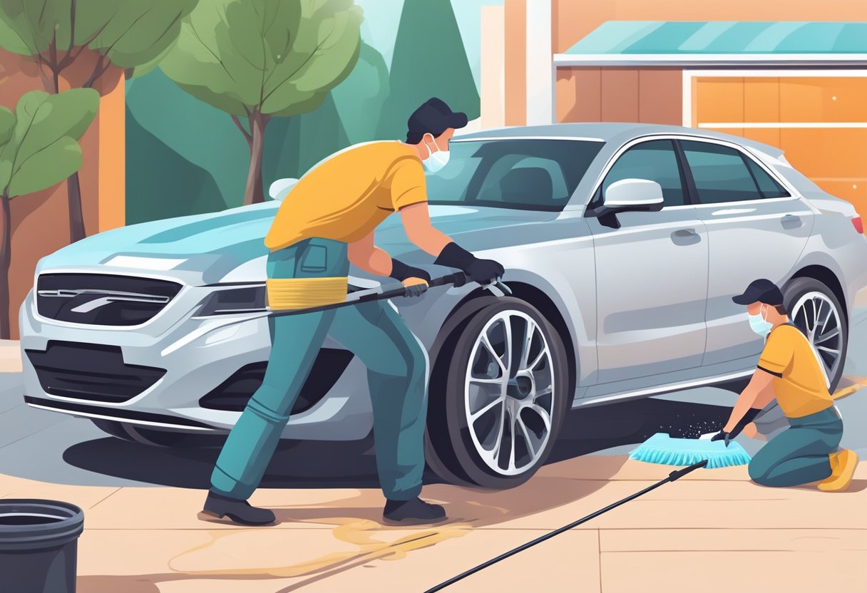 A person applies wheel cleaner to the car's wheels and tires, scrubbing with a brush to remove dirt and grime during a car wash