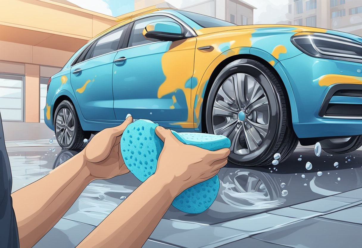 A hand holding a sponge cleans the car's wheels and tires with soapy water, scrubbing away dirt and grime. A hose rinses off the suds, leaving the wheels and tires shiny and clean