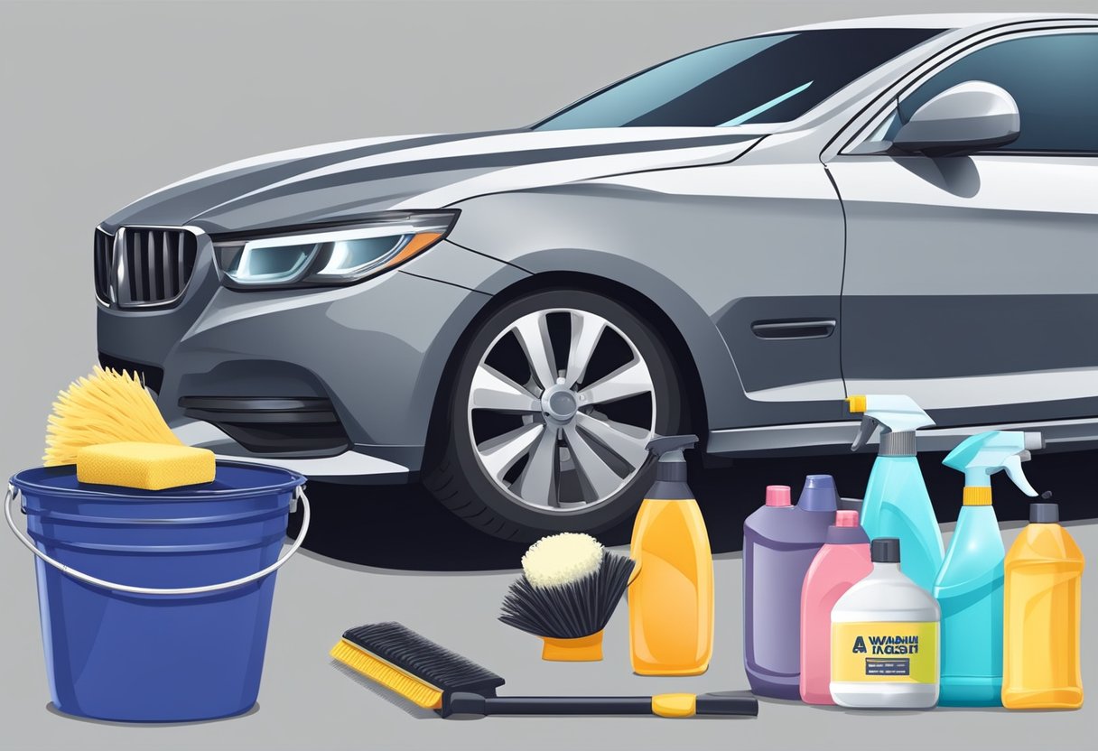 A bucket, car wash soap, microfiber towels, a hose, a soft bristle brush, and a wheel cleaner are needed for an effective DIY car wash maintenance session