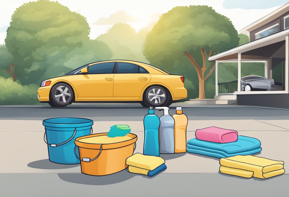 A bucket, sponge, hose, car soap, and microfiber towels laid out on a clean driveway