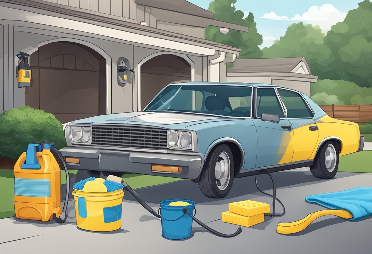 A hose, bucket, car wash soap, sponge, microfiber towels, wheel brush, and a pressure washer are laid out on the driveway for a DIY car wash maintenance session