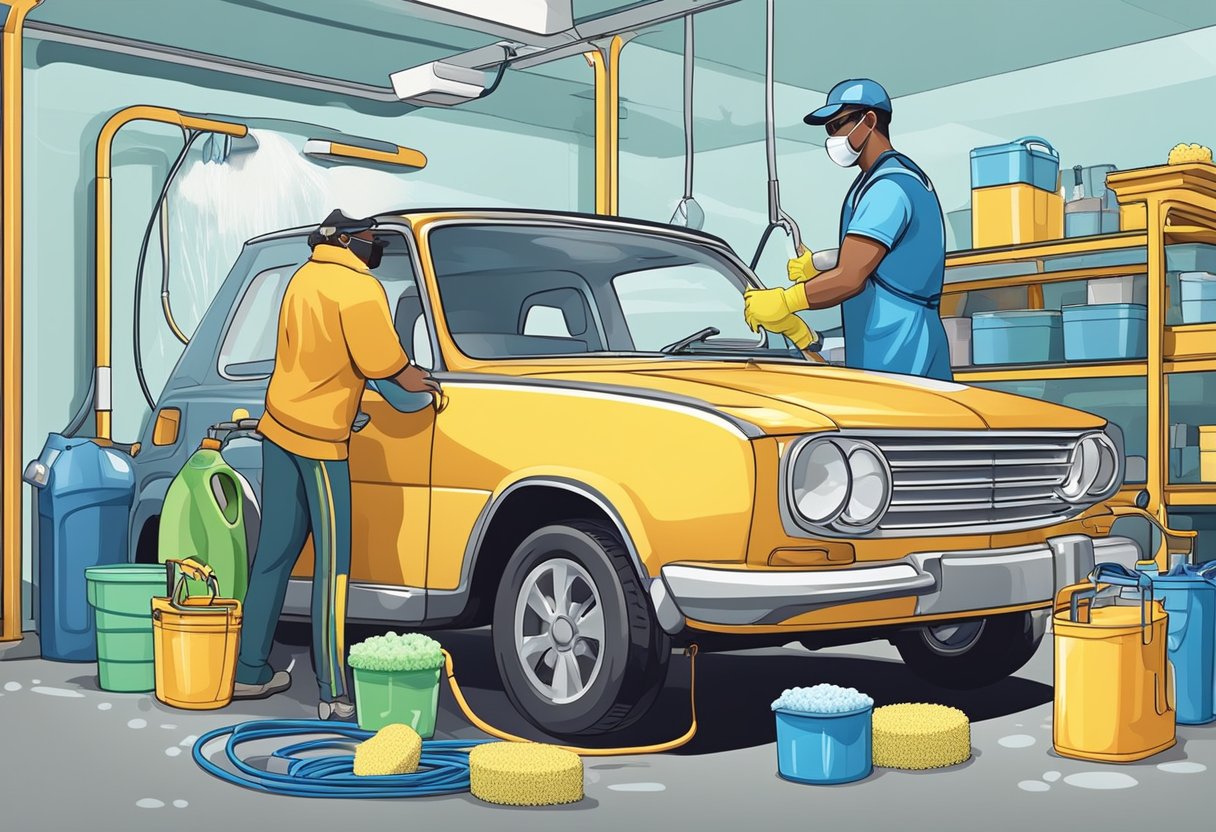 A person is gathering a bucket, sponge, car soap, hose, and safety gear like gloves and goggles for a DIY car wash