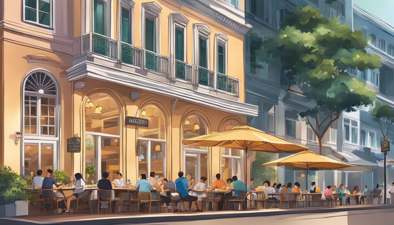 A bustling cafe in Singapore with iconic architecture and lively atmosphere