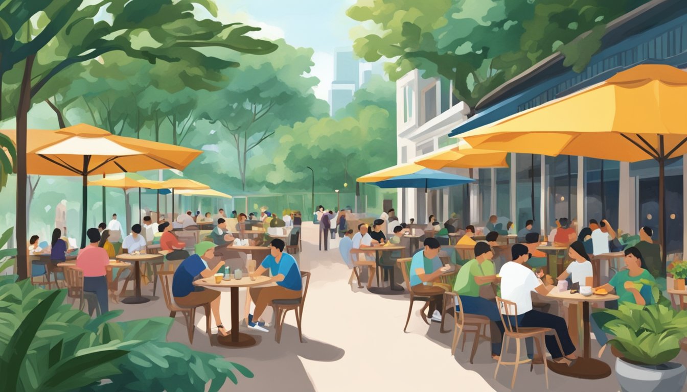 A bustling cafe in Singapore, with colorful outdoor seating and a backdrop of lush greenery. Tables are filled with people enjoying coffee and local delicacies