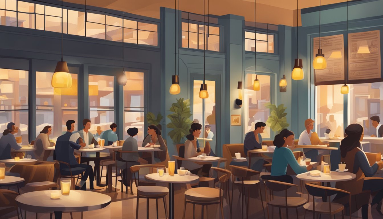 A bustling cafe with modern decor, warm lighting, and cozy seating. The aroma of freshly brewed coffee fills the air as patrons chat and enjoy the stylish ambiance